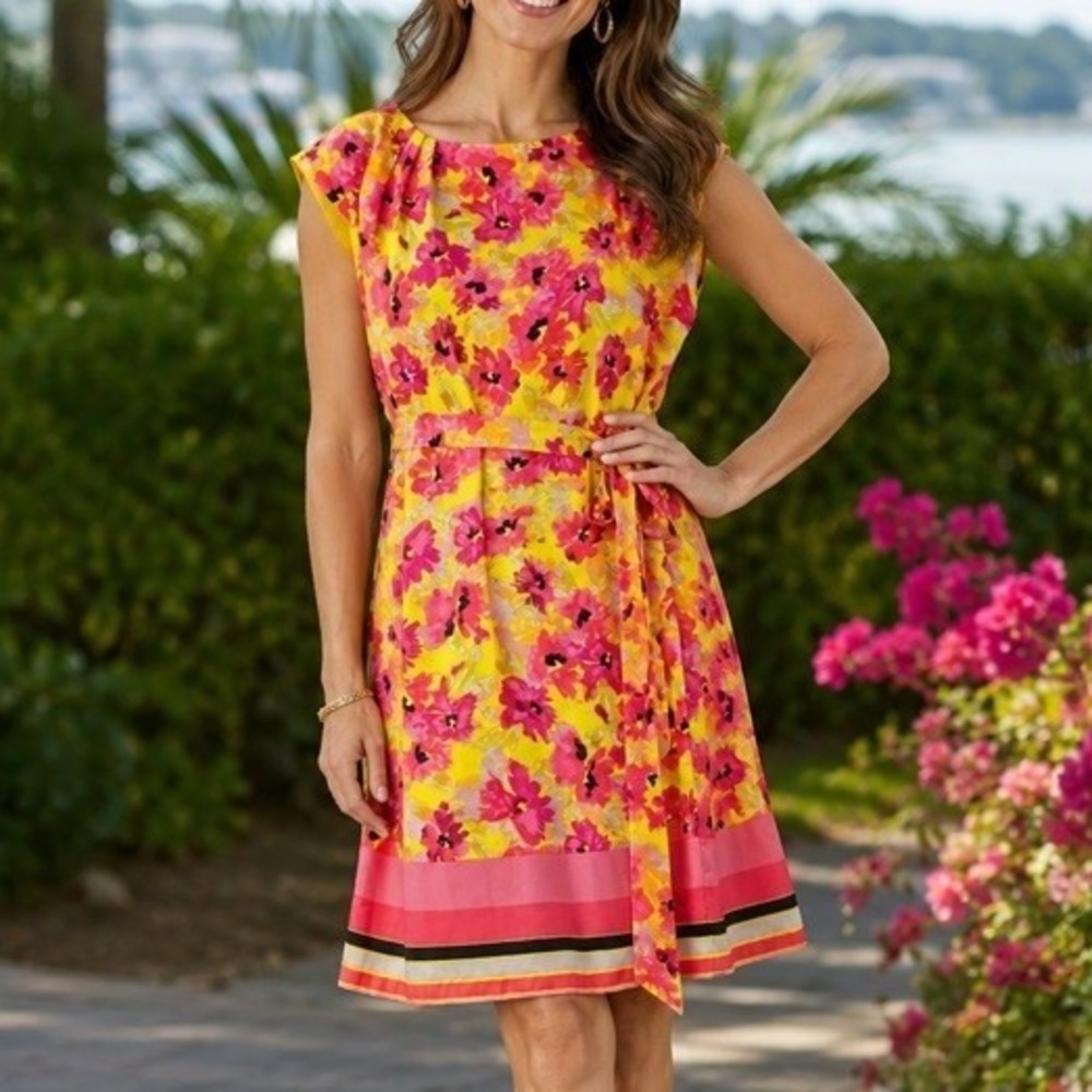 LOFT‎ Womens Yellow Pink Floral Sheath Dress Sleeveless Striped Hem Size 12